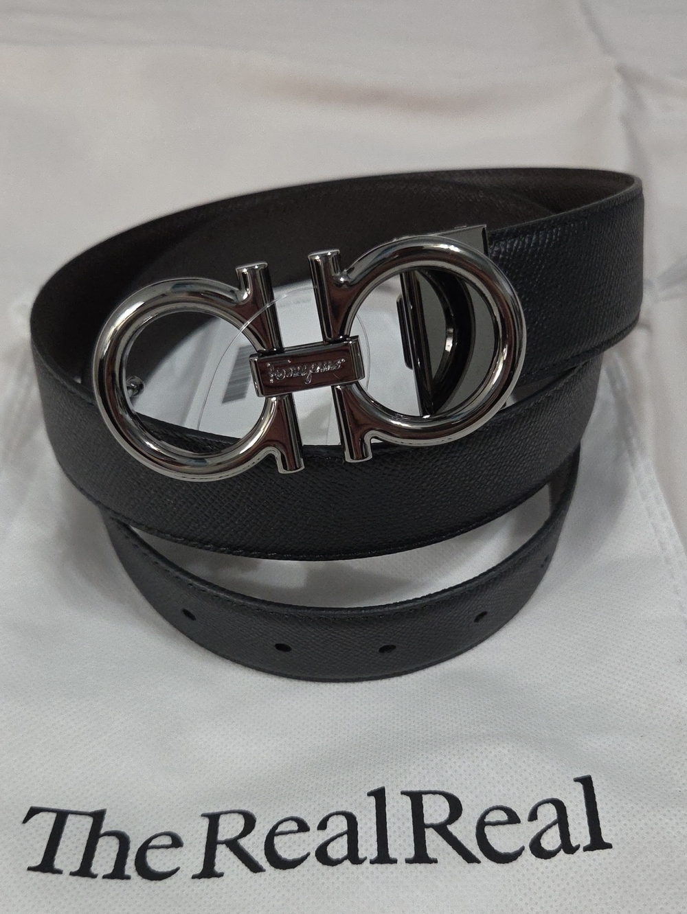 Salvatore Ferragamo Black Brown Leather Belt Silver Gancini Buckle